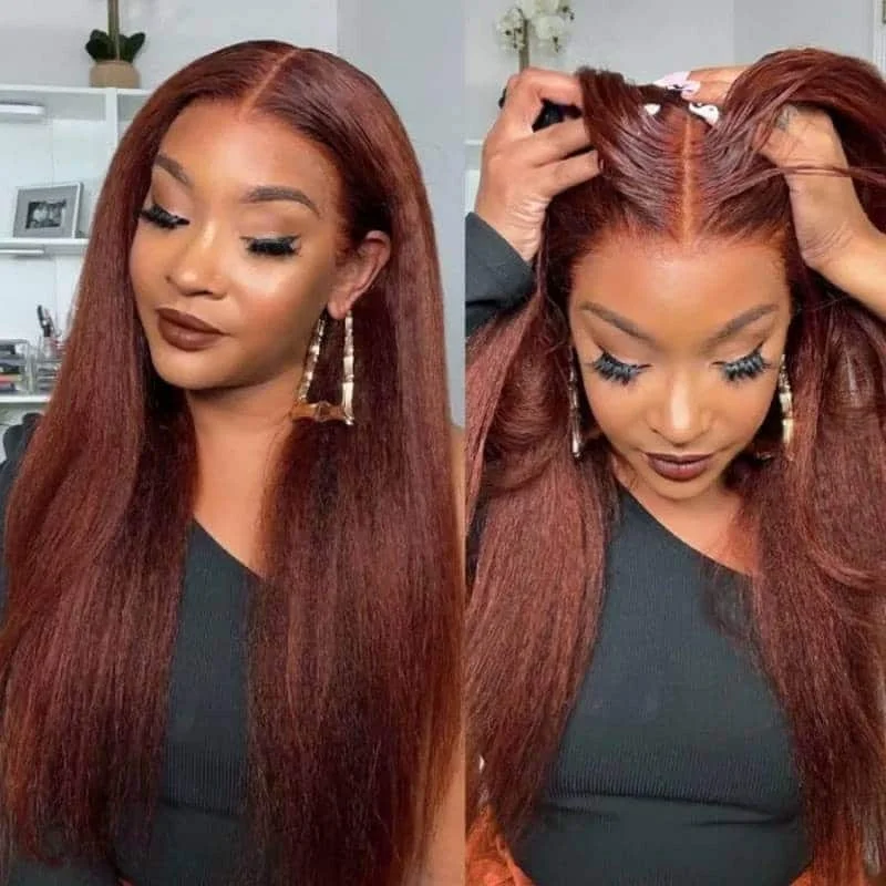 Adjustable - cap colored wig for a comfortable fit13x4 Lace Frontal Wig Kinky Straight Reddish Brown Color Wig