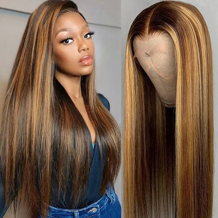 Human - hair wig with a wavy texture for a beachy and relaxed look13x4 Highlight Lace Front Wig P4/27 Piano Color Straight Human Hair Wigs