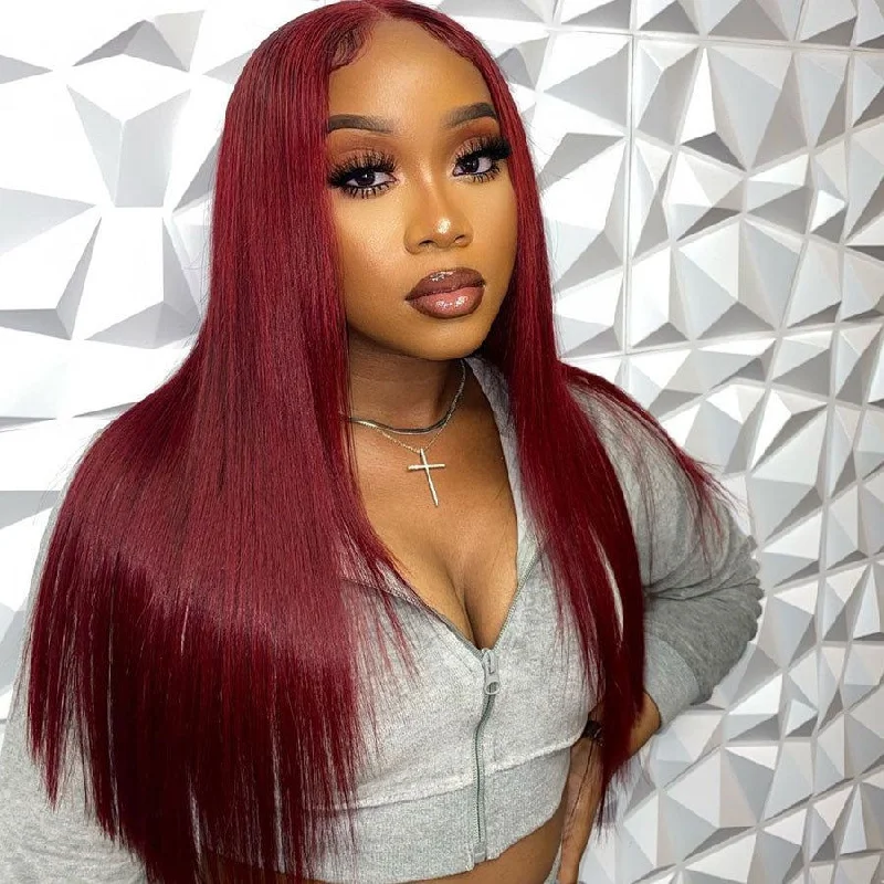 Colored wig with a pre - plucked hairline for a more natural lookBrazilian Human Virgin Hair 13x4 Lace Frontal wig 180% Hair Density Straight 99J Lace Wig