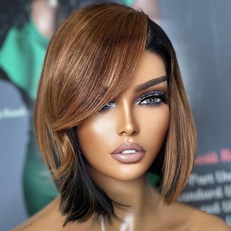 Lace wig with a 200 - density for a full and thick appearance13x4 Ombre Brown Colored Bob Lace Frontal Wig Human Hair Brazilian Straight