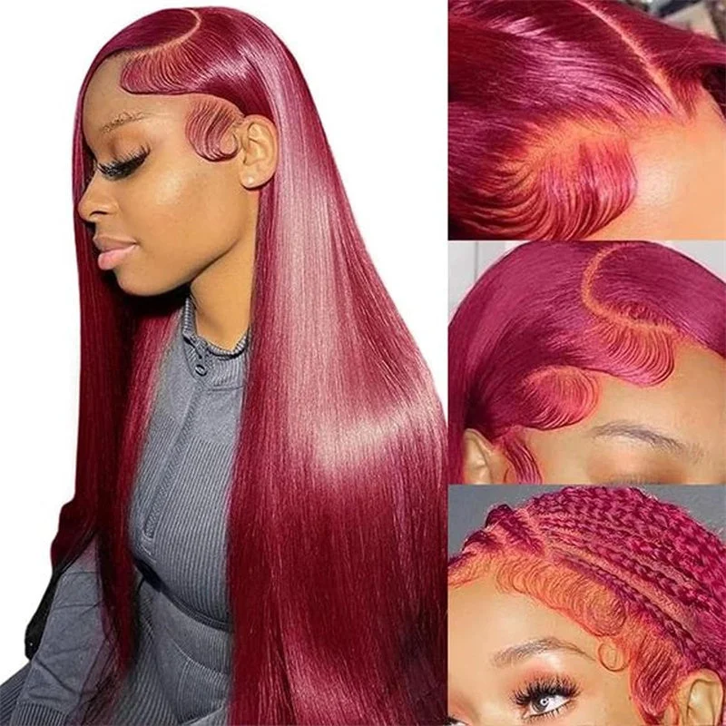 Colored wig with a natural - looking root for a more realistic look13x6 Transparent Lace Front Wigs Human Hair 99j Burgundy Straight Wigs Pre Plucked 180% Density