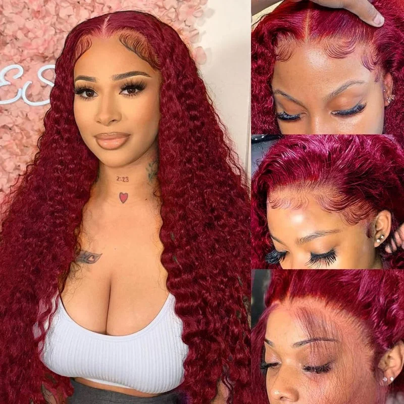 Human - hair colored wig for a natural and luxurious feel13x6 Deep Wave Lace Front Wigs Human Hair 99J Burgundy Transparent Lace Front Wigs Human Hair Pre Plucked 180% Density