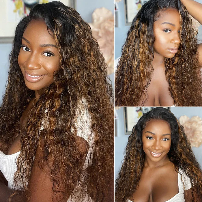 Synthetic colored wig with a heat - resistant formula for easy styling1B/30 Water Wave Highlight Wigs Human Hair Pre Plucked Ombre Highlight Lace Front Wig