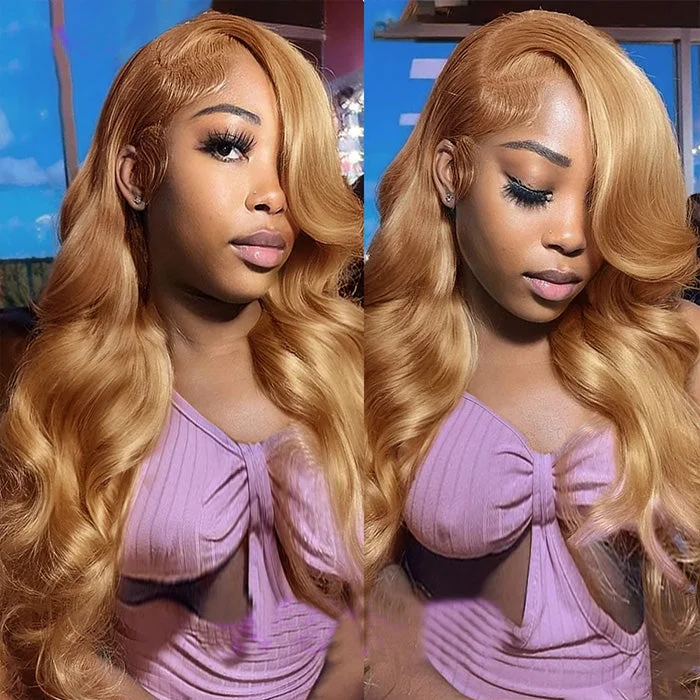 Colored wig with a natural - looking root for a more realistic look#27 Color Honey Blonde Body Wave 13x4 HD Lace Front Wig Ombre Human Hair Wigs