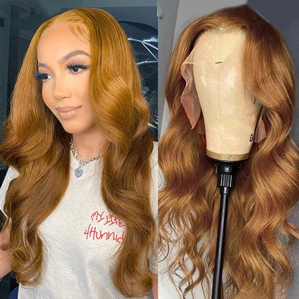 Human - hair wig with a middle - part for a classic and elegant style27# Honey Blonde Lace Front Wigs 30Inch Body Wave Colored Wigs 13x4 HD Transparent Front Wigs