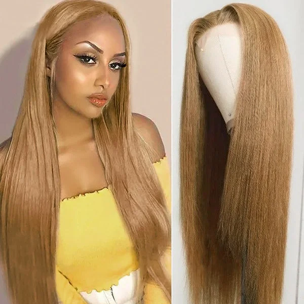 Human - hair wig with a 180 - density for a full and thick appearanceHoney Blonde Wigs Straight Human Hair Wigs 27# Color Lace Wigs 13x4 Lace Front Wigs