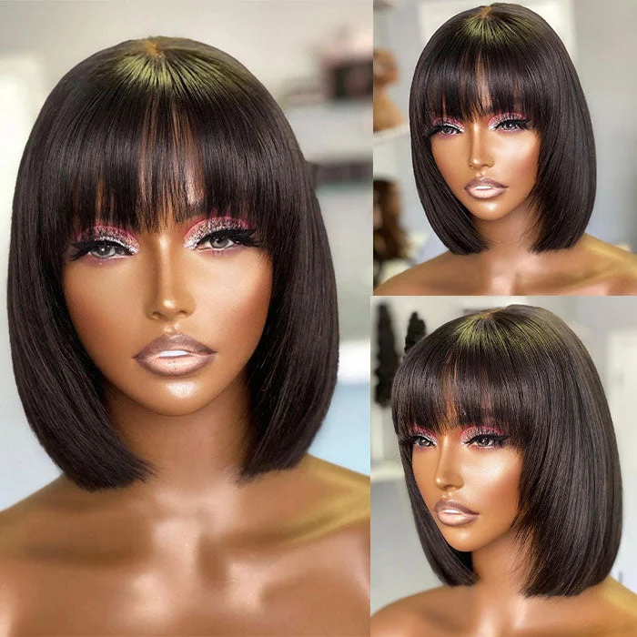 Adjustable - cap human - hair wig for a comfortable fitWear And Go-Straight Bob With Bangs 100% Glueless Lace Wig