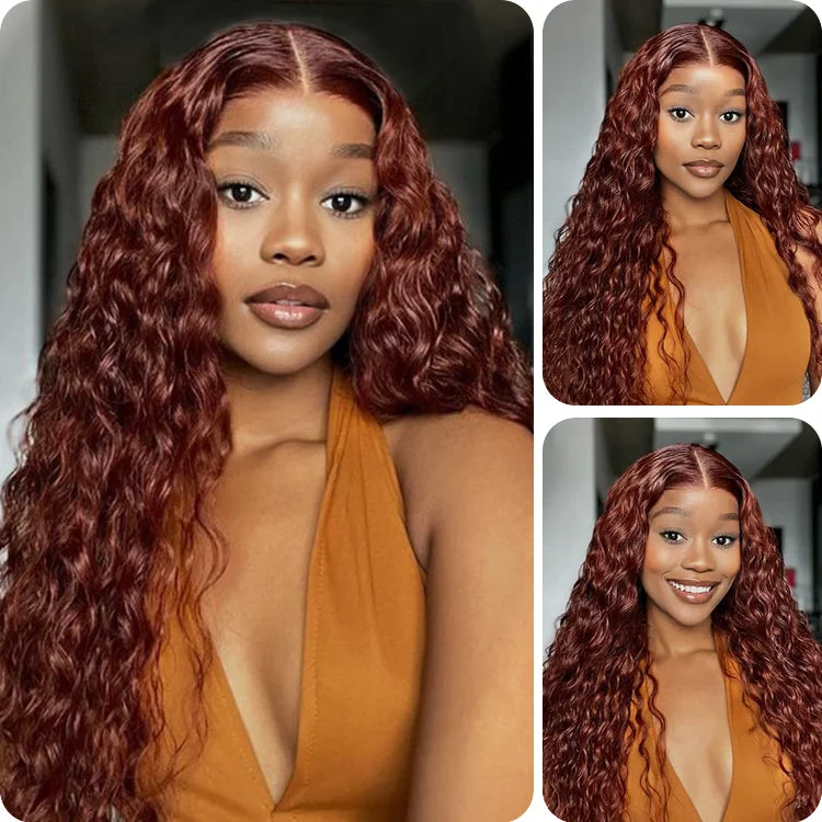 Colored wig with a natural - looking root for a more realistic look#33 Reddish Brown Auburn Color Water Wave & Body Wave Human Hair Wigs 13x4 HD Lace Front Wigs