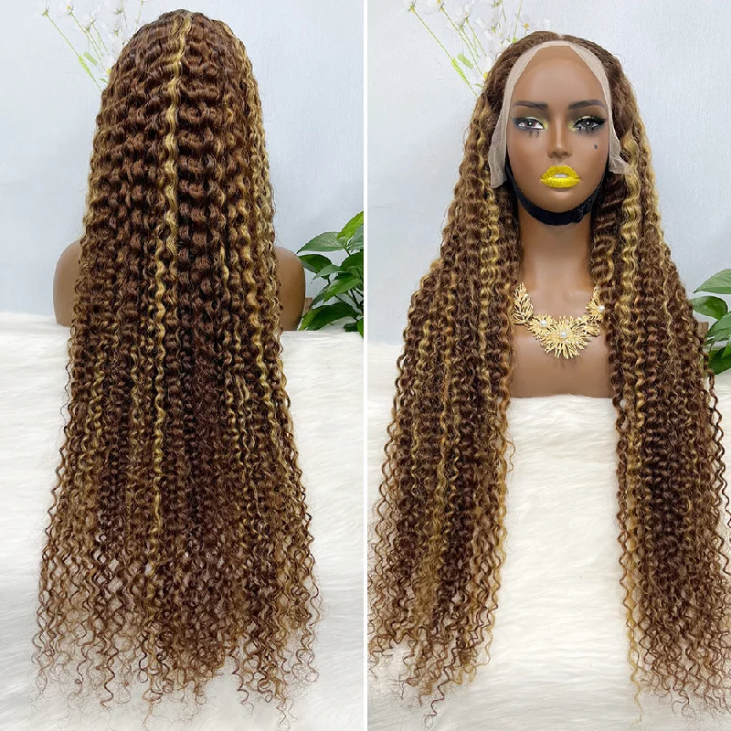 Lace wig with a pre - bleached knot for a natural - looking scalp36" 13*4 Lace Wig Water Wave Curly Human Hair Wig 500 grams Color P4/27