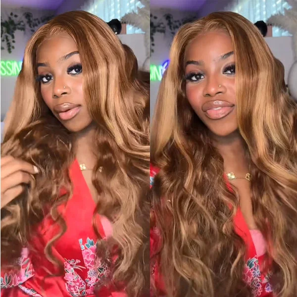 Colored wig in a vibrant pink color for a bold and eye - catching look4/27 Highlight Ombre Wig Body Wave Remy Human Hair Lace Front Wigs For Women