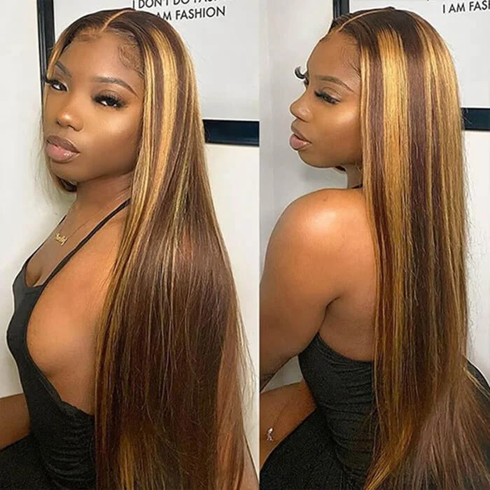 Human - hair wig with a silk - base cap for a comfortable and smooth feelP4/27 Highlight Straight Wig 4x4 5x5 6x6 Lace Closure Wigs Honey Blonde Human Hair Wigs