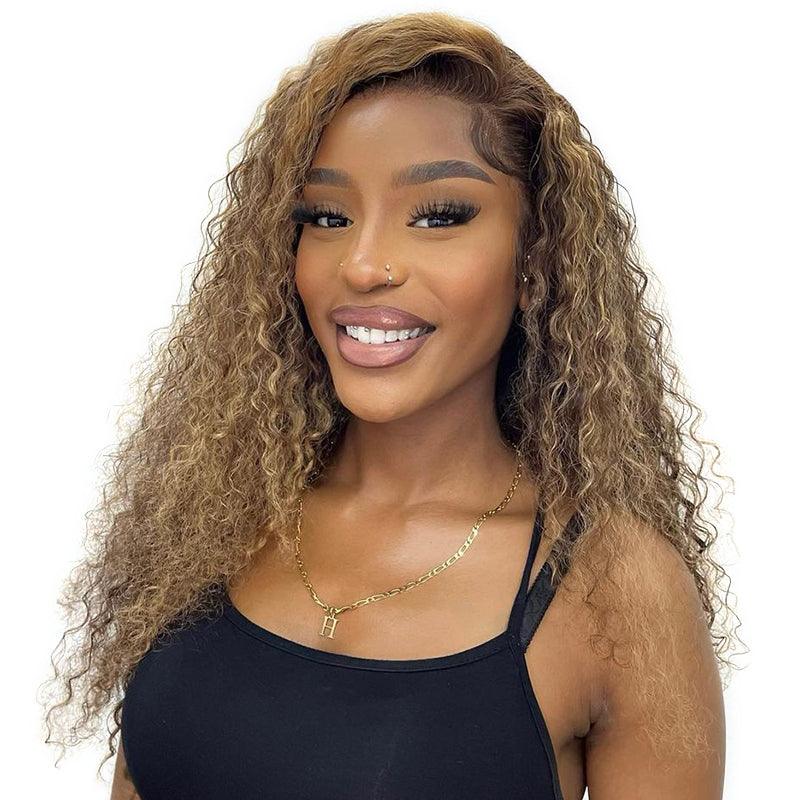 Lace wig in a chocolate - brown color for a rich and warm appearance#4/27 Highlight Wig Human Hair Brazilian Deep Curly 13x4 Lace Front Human Hair Wigs