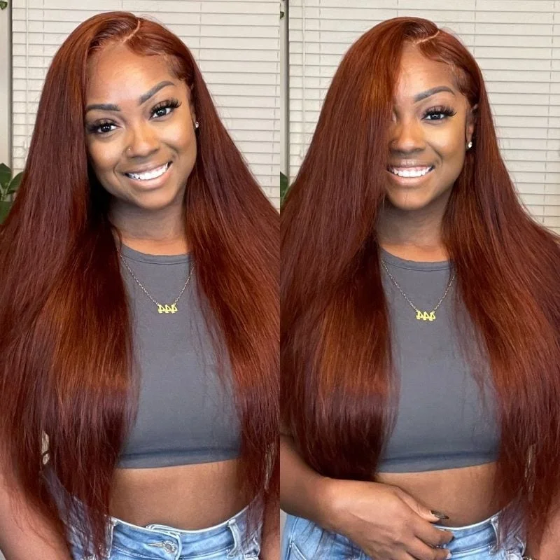 Colored wig with a natural - looking root for a more realistic look4X4 Lace Closure Wigs 33B Auburn Kinky Straight Pre-plucked Wigs