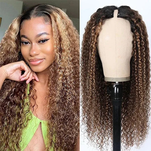 Adjustable - cap colored wig for a comfortable fit#412 Highlight V Part Curly Wig With Dark Roots No Leave Out Honey Blonde Human Hair Wig Beginner Friendly