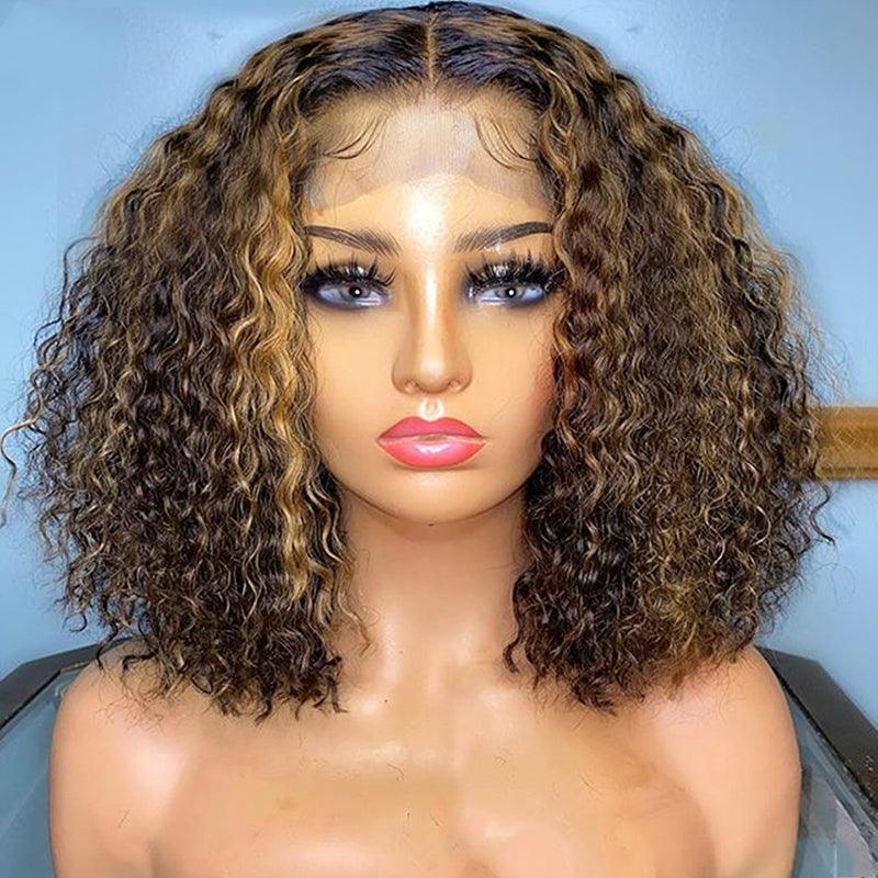 Lace wig with a side - part for a more flattering look4x4/13x4 Lace Wig #4/27 Highlight Brown Colored Curly Bob Human Hair Wigs