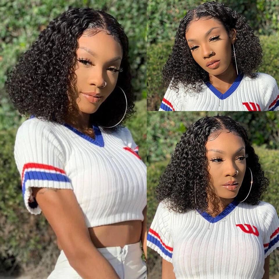 Adjustable - cap lace wig for a comfortable fit4x4/13x4 Lace Wig Short Curly Bob Wigs Human Hair Brazilian Deep Wave Middle Part