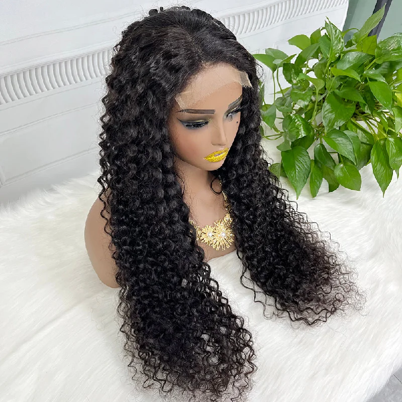 Lace wig with a pre - plucked hairline for a more natural look5*5 HD Glueless Lace Wig Water Wave Virgin Human Hair Curly Lace Wigs 250% Density