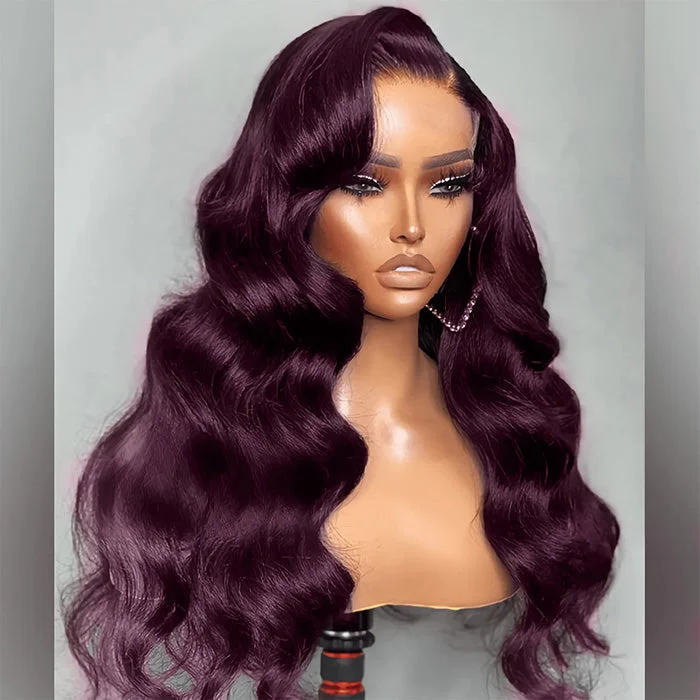 Colored wig with a middle - part for a classic and elegant stylePop Trend Dark Purple Plum Colored 13x4 Lace Front Wig Real HD Lace Body Wave Human Hair Wig