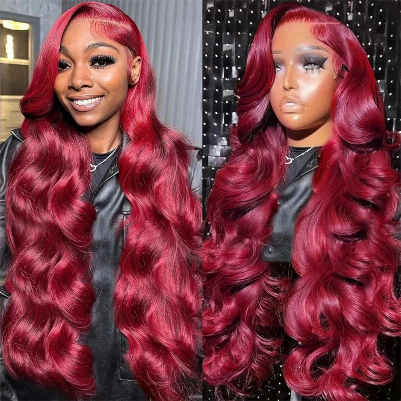 Synthetic colored wig with a heat - resistant formula for easy styling99j Burgundy 13x6 Body Wave Lace Front Wigs Human Hair Pre Plucked Transparent lace frontal wig