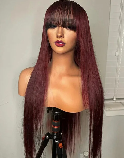 Lace wig with a silk - base cap for a comfortable and smooth feel99J Burgundy Straight 13x5 Pre Cut Lace Front Human Hair Wigs With Bangs For Women Pre Plucked Wigs