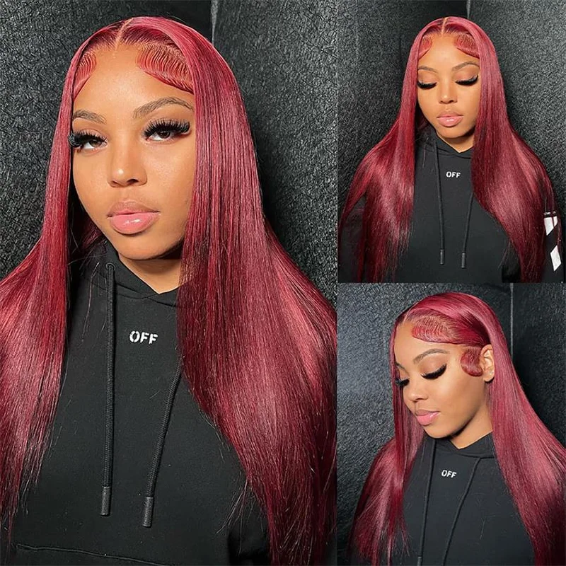 Colored wig with a pre - plucked hairline for a more natural lookAlibonnie 99J Burgundy Lace Front Wigs Silk Straight 13x6 Frontal Lace Wigs Pre Plucked