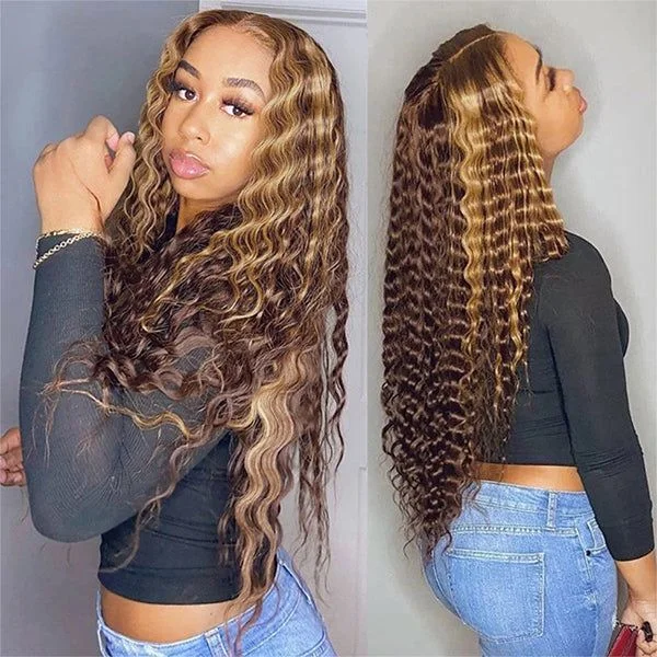 Colored wig with a side - part for a more flattering appearanceAlibonnie Blonde Highlight Lace Front Wigs Colored 4/27 Ombre Deep Wave 13x4 Frontal Wigs Pre Plucked