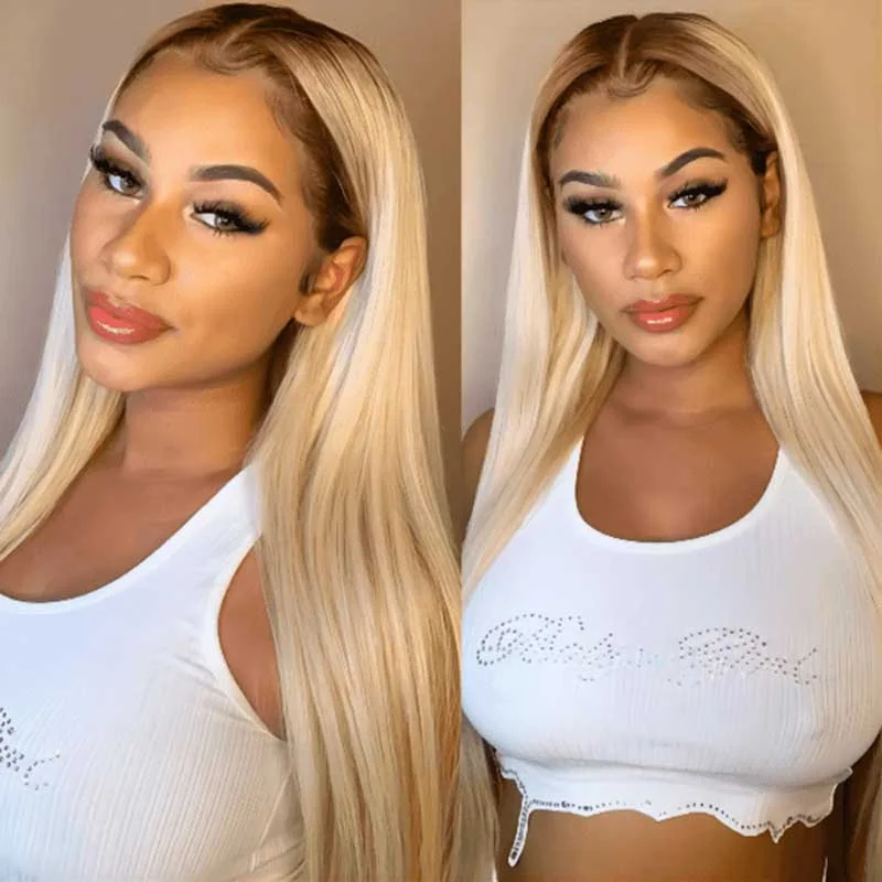 Colored wig with a side - swept bang for a sophisticated lookAlibonnie Blonde Straight 13x4 Lace Front Wigs Ombre T4/613 Color Wigs With Dark Roots