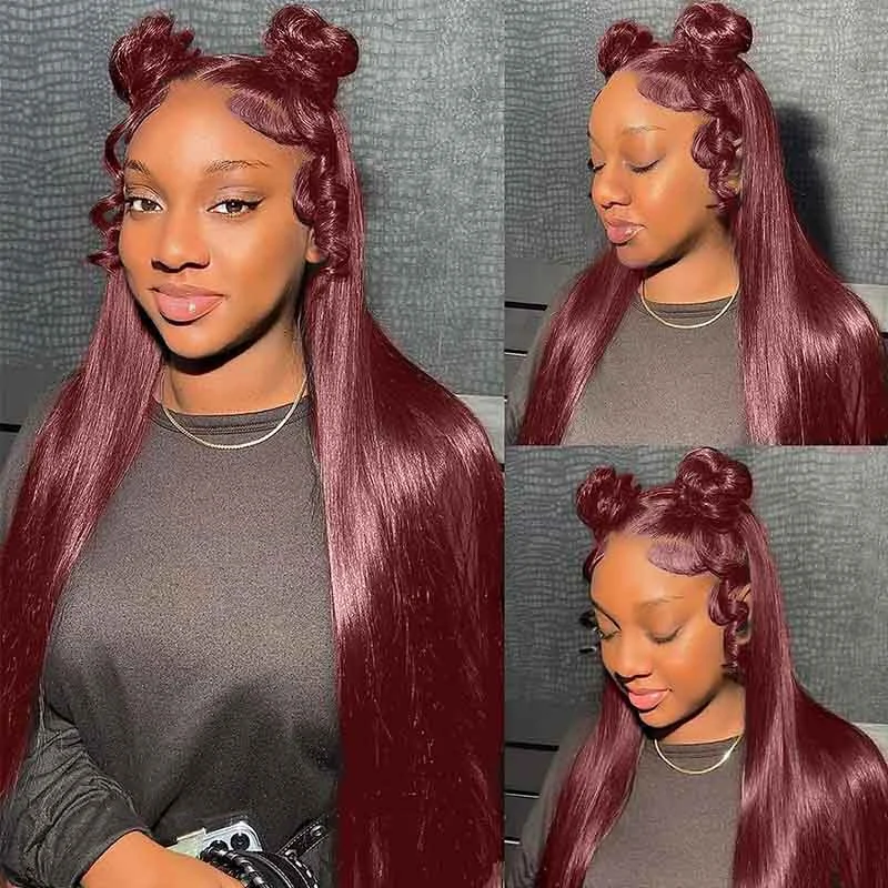 Colored wig with a 150 - density for a full and thick appearanceAlibonnie Burgundy 99J Color 360 Transparent Lace Straight Wigs Human Hair Wigs With Pre Plucked Hairline