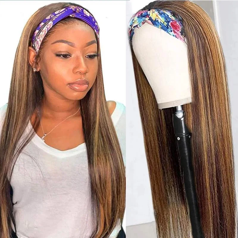 Colored wig with a side - part for a more flattering appearanceAlibonnie Color 4/27 Highlight Headband Wigs Straight Human Hair Wigs No Glue No Lace Wigs For Beginners