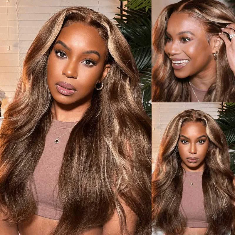 Colored wig with a natural - looking root for a more realistic lookAlibonnie Highlight 13*4 Lace Front Wigs TL412 Honey Blonde Kinky Straight Human Hair Lace Wigs