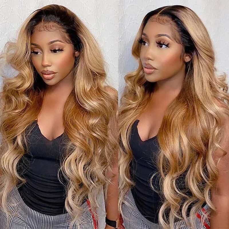 Colored wig with a side - part for a more flattering appearanceAlibonnie Honey Blonde 1B/27 Ombre Colored Hair Wigs Straight And Body Wave 13×4 Lace Front Wigs New Style 180% Density