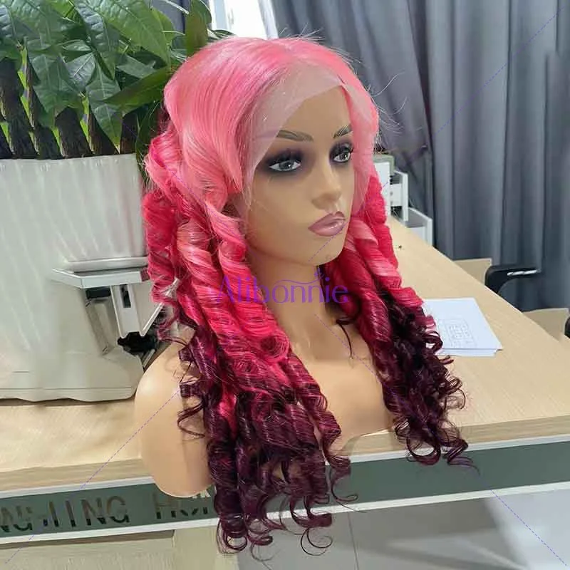 Colored wig with a straight texture for a sleek and minimalist lookAlibonnie Pink Ombre Wigs Three Colors Mixed Romance Curly 13x4 Lace Front Wigs 180% Density