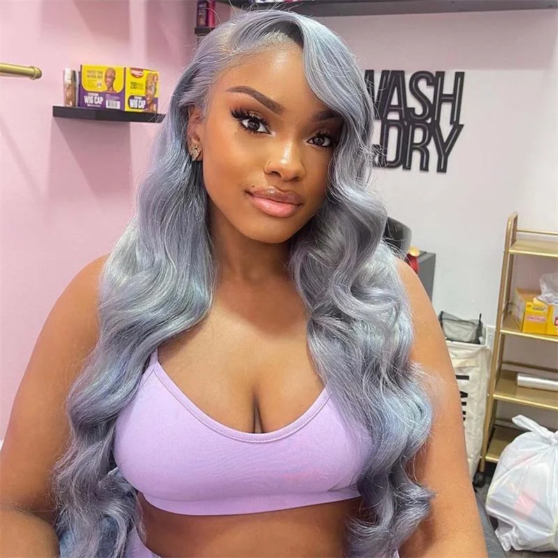 Colored wig with a 150 - density for a full and thick appearanceAlibonnie Silver Grey Colored Lace Front Wigs Straight/Body Wave 13×4 Transparent Lace Wigs