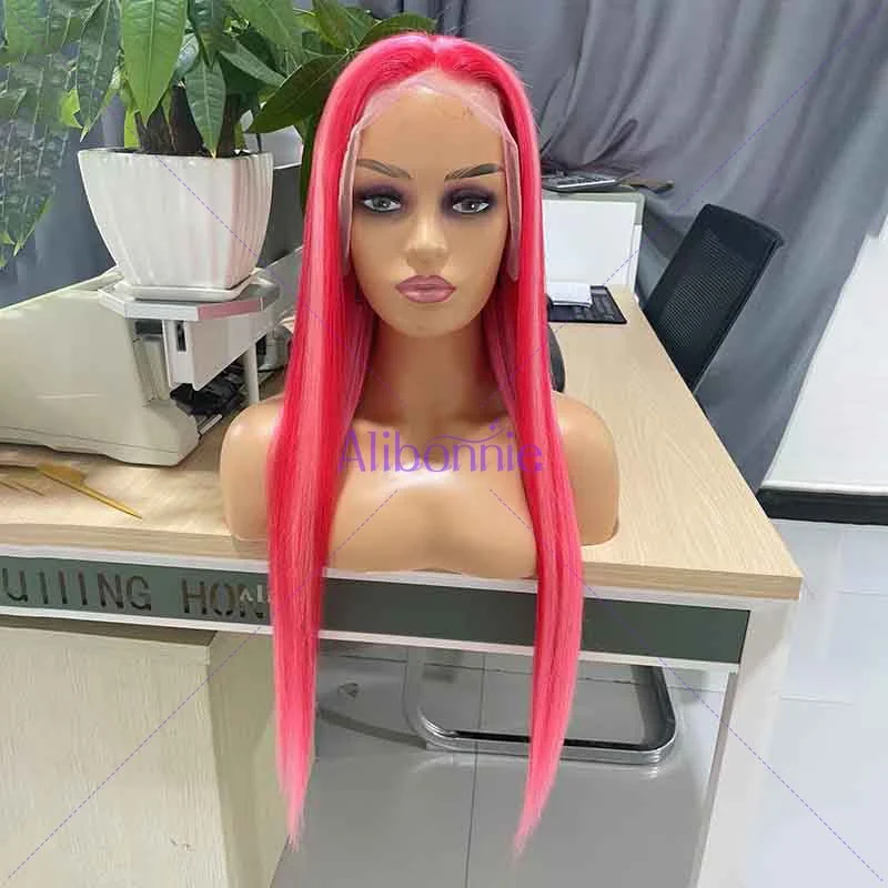 Colored wig with a side - part for a more flattering appearanceAlibonnie Straight Pink Lace Wigs 180% Density 13x4 Lace Front Wigs With Light Pink Streaks