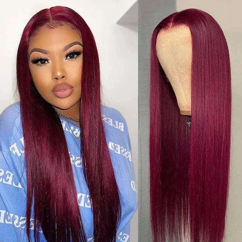 Colored wig with a silk - base cap for a comfortable and smooth feelBest Precolored 99J Silk Straight Burgundy Lace Front Wig Human Hair