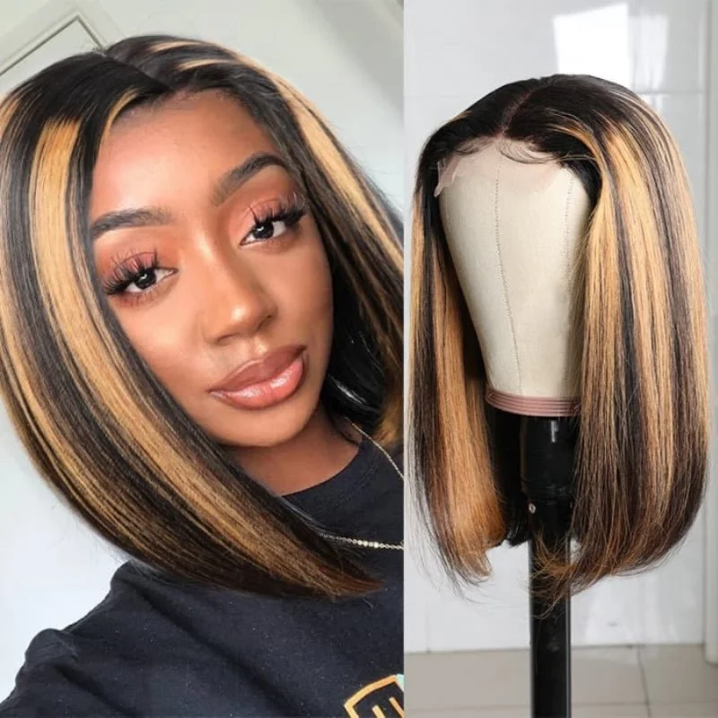 Colored wig with a straight texture for a sleek and minimalist lookBlack Wig With Blonde Highlights Short Bob Wigs Brazilian Human Hair Glueless Lace Wig Pre Plucked Ready To Wear