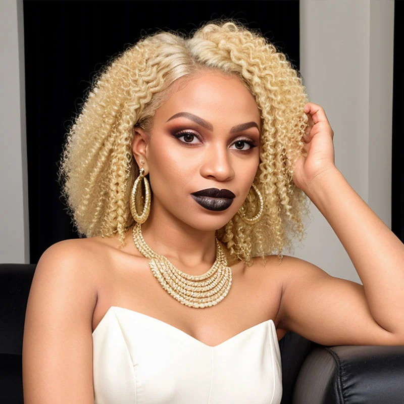 Colored wig with a silver - grey color for a trendy and cool - toned lookBlonde 613 Kinky Curly Bob Glueless 5x5 Closure Lace 100% Human Hair Easily Redyed