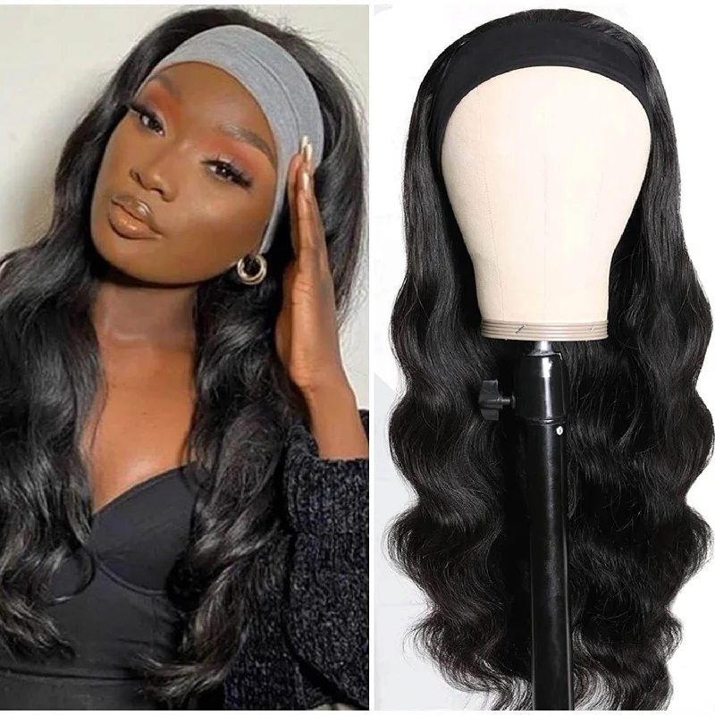 Human - hair wig with a side - swept bang for a sophisticated lookBody Wave HeadBand Wigs Human Hair Glueless None Lace Wigs 10A Grade 180% Density