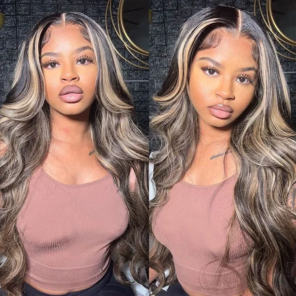 Human - hair wig with a side - part for a more flattering appearanceHuman Hair Wigs Glueless Wigs Body Wave Lace Frontal Wig 1b/27 Highlighted Color 30 Inch