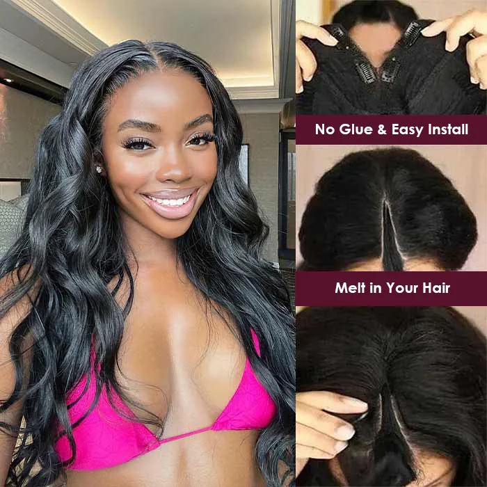 Human - hair wig with a pre - bleached knot for a natural - looking scalpBody Wave V/U Part Affordable Hair Wig For Women