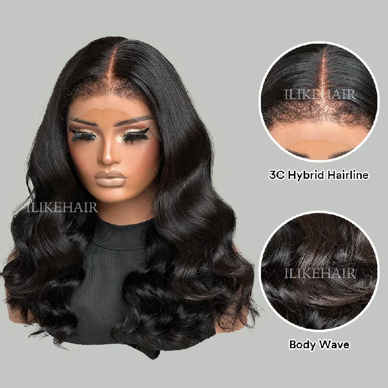 Synthetic lace wig with a heat - resistant formulaBody Wave With Hybrid Hairline HD Lace Ventilated Wig