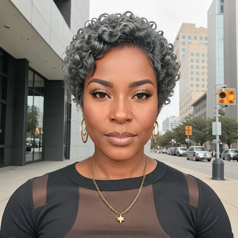 Colored wig in a vibrant pink color for a bold and eye - catching lookBoss Lady Look | Salt And Pepper / Black Layered Pixie Cut Short Curly 13x4 Lace Front Wigs