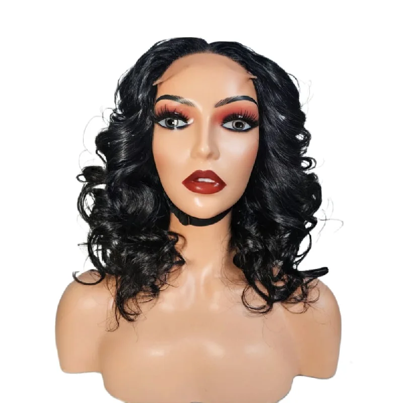 Human - hair wig in a jet - black color for a classic and timeless lookBrazilian Bouncy Wavy Human Hair Lace Front Wig (12")