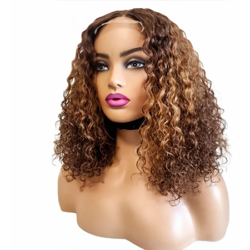 Human - hair wig with a wispy fringe for a soft and feminine lookBrazilian Curly Mid Part 3 Tone Human Hair Lace Front Wig (12")