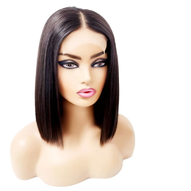 Human - hair wig with a pre - plucked hairline for a more natural lookBrazilian Mid Part Bob Human Hair Lace Front Wig