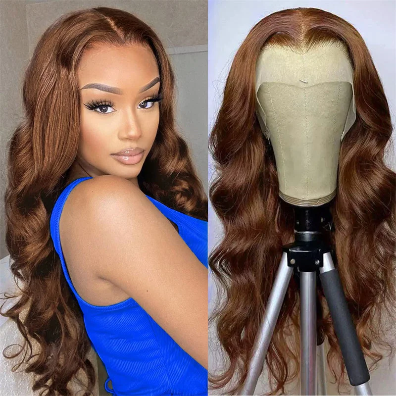 Colored wig with a pre - bleached knot for a natural - looking scalpBrown Balayage human hair Lace Front Wigs 13x6 Body Wave Transparent Lace Wigs 180% Density