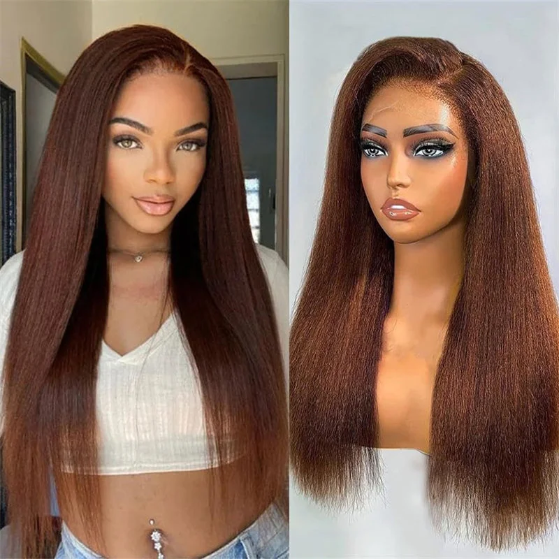 Colored wig with a curly texture for a bold and stylish choiceBrown Kinky Straight Human Hair Wigs 13x6 Transparent Lace Frontal Wig for Women  100% Virgin Human Hair