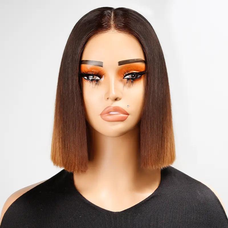 Lace wig with a honey - blonde color for a warm and sunny appearance7x5 13x4 Elegant Brown Ombre Glueless Minimalist Bob Wig Straight Human Hair