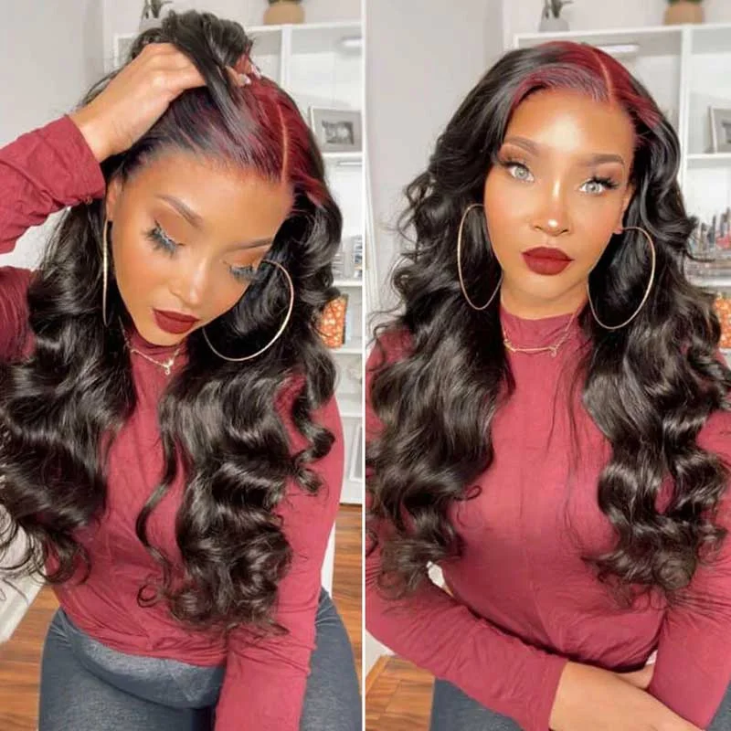 Colored wig with a 150 - density for a full and thick appearanceBurgundy 99j Red Color Sparkle Roots On Black Hair 13x4 Lace Front Wig