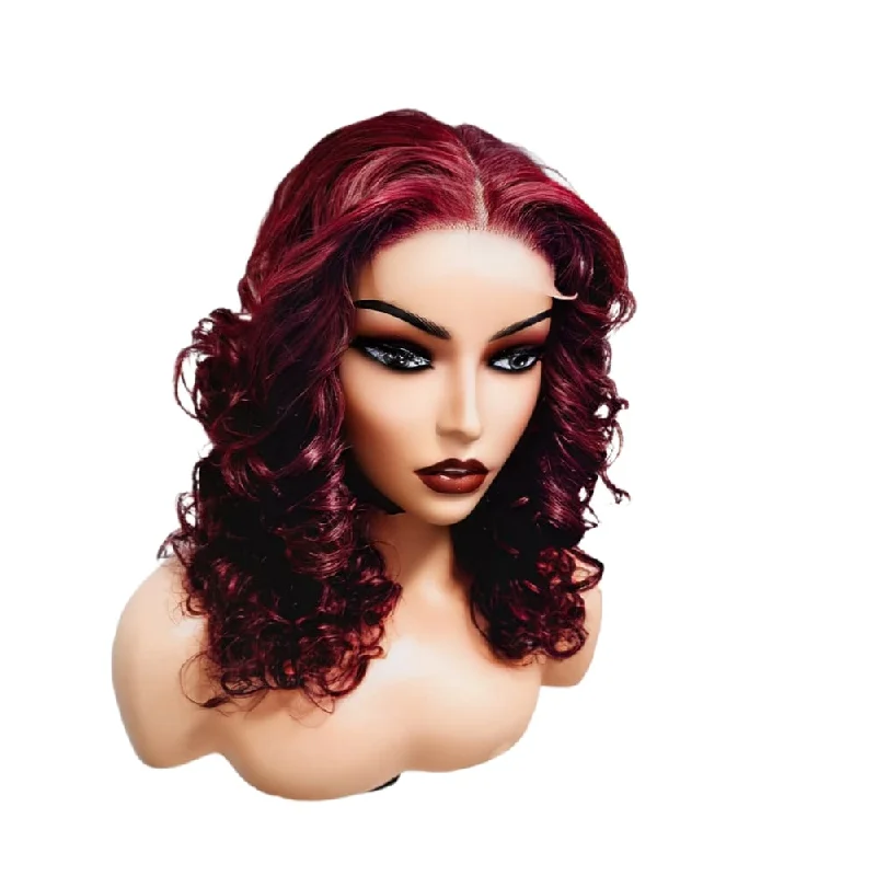 Adjustable - cap human - hair wig for a comfortable fitBurgundy Wavy Human Hair Lace Closure Wig